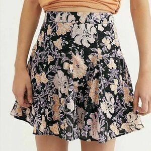 Free People End of the Island Godet Mini Skirt Floral Printed Black Sz 8